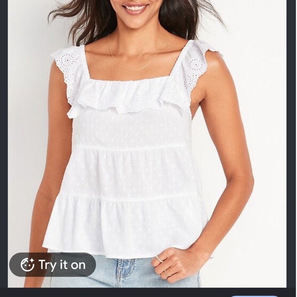 Old Navy Womens M White Sleeveless Ruffled Tiered Clip-Dot Swing Top Feminine